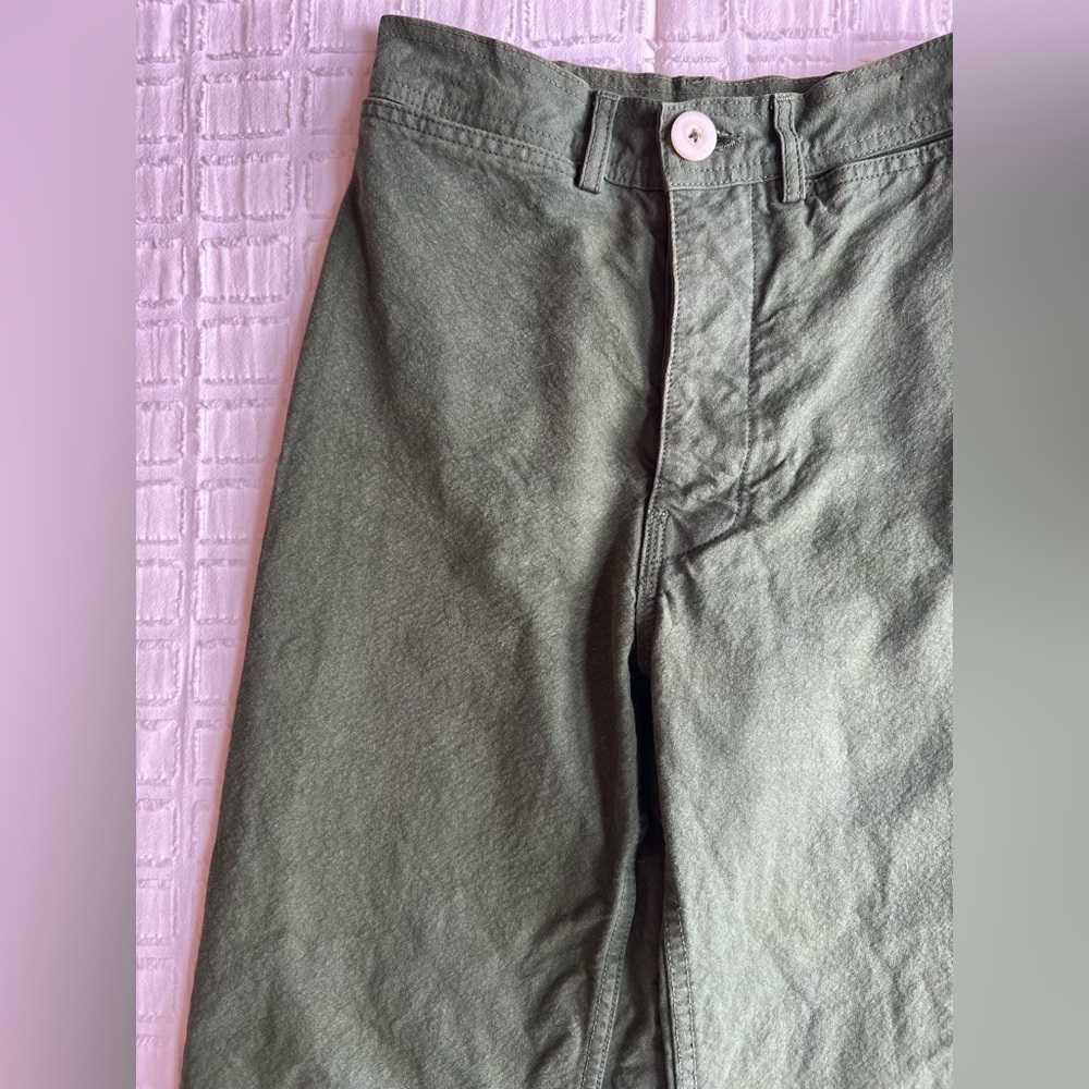 Jesse Kamm Sailor Pants High Rise Wide Leg Button Fly Olive Green Organic Cotton - Picture 3 of 13